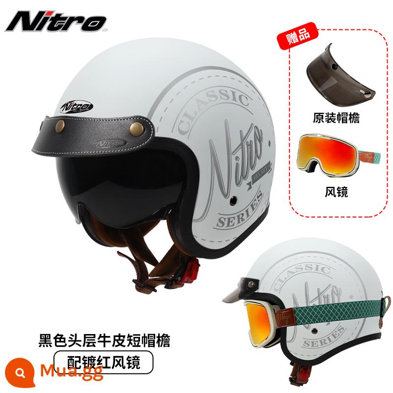 Anh Nitro Retro Harley Đầu Máy Mũ Nam Nữ Mùa Đông Chống Sương Mù Đầu Máy Mũ Bảo Hiểm Nửa Bluetooth Cá Tính Thoáng Mát chạy Bộ - Màu trắng cổ điển (kèm kính xanh viền đỏ + vành mũ da đen)