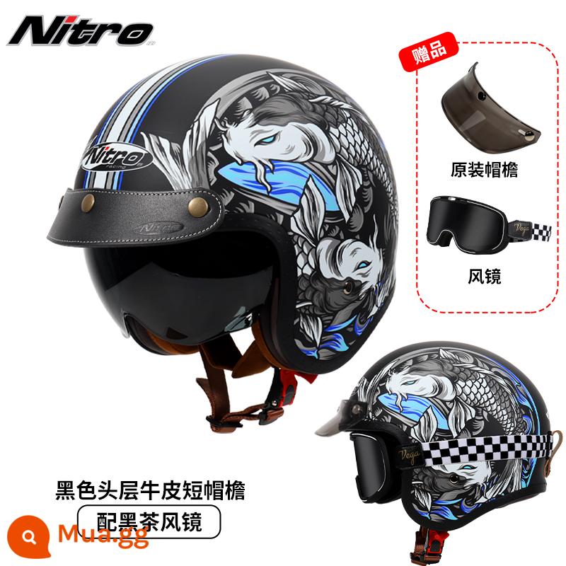 Anh Nitro Retro Harley Đầu Máy Mũ Nam Nữ Mùa Đông Chống Sương Mù Đầu Máy Mũ Bảo Hiểm Nửa Bluetooth Cá Tính Thoáng Mát chạy Bộ - Xanh Song Ngư (đi kèm kính trà đen kẻ sọc + vành mũ da đen)