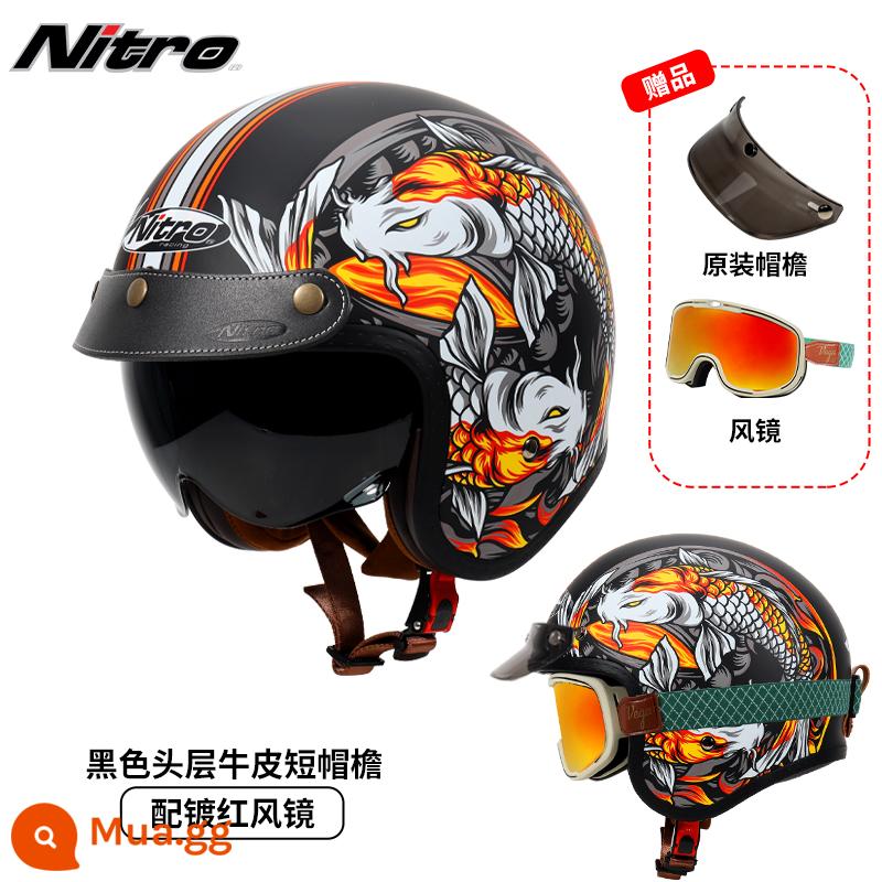 Anh Nitro Retro Harley Đầu Máy Mũ Nam Nữ Mùa Đông Chống Sương Mù Đầu Máy Mũ Bảo Hiểm Nửa Bluetooth Cá Tính Thoáng Mát chạy Bộ - Song Ngư đỏ (kèm kính mạ đỏ thắt lưng xanh + vành mũ da đen)