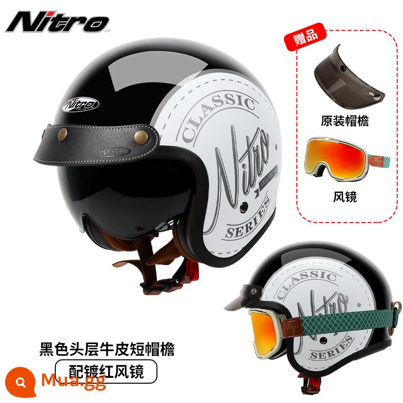 Anh Nitro Retro Harley Đầu Máy Mũ Nam Nữ Mùa Đông Chống Sương Mù Đầu Máy Mũ Bảo Hiểm Nửa Bluetooth Cá Tính Thoáng Mát chạy Bộ - Màu đen trắng cổ điển (kèm kính xanh mạ đỏ + vành mũ da đen)