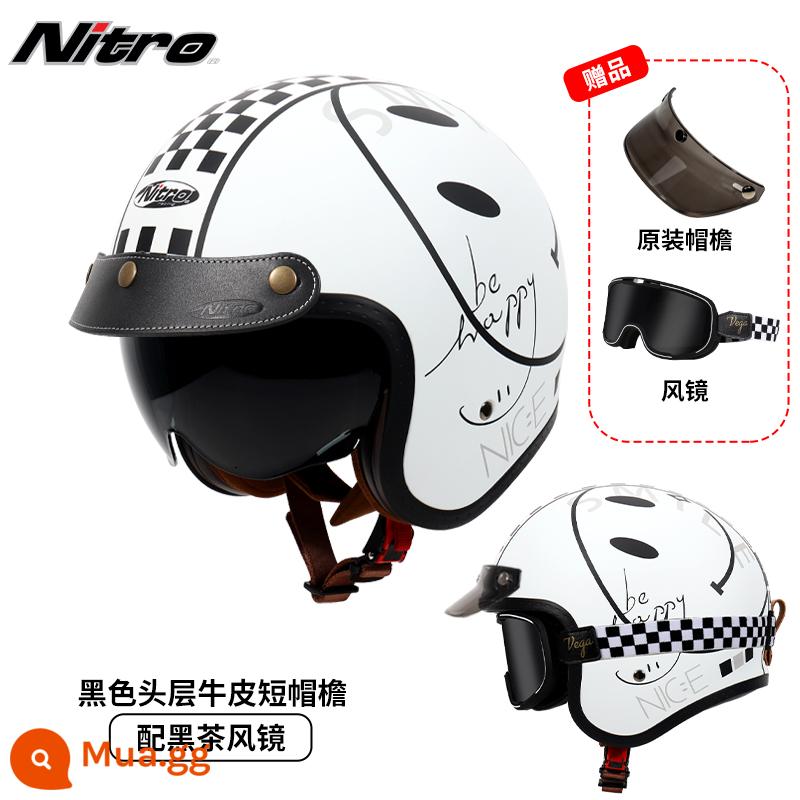 Anh Nitro Retro Harley Đầu Máy Mũ Nam Nữ Mùa Đông Chống Sương Mù Đầu Máy Mũ Bảo Hiểm Nửa Bluetooth Cá Tính Thoáng Mát chạy Bộ - Mặt cười trắng (đi kèm kính trà đen kẻ sọc + vành mũ da đen)