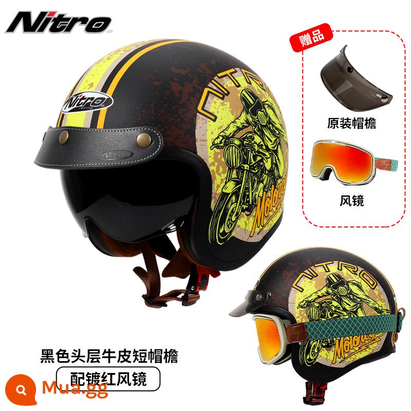 Anh Nitro Retro Harley Đầu Máy Mũ Nam Nữ Mùa Đông Chống Sương Mù Đầu Máy Mũ Bảo Hiểm Nửa Bluetooth Cá Tính Thoáng Mát chạy Bộ - Xe máy màu vàng (kèm kính mạ đỏ thắt lưng xanh + vành mũ da đen)