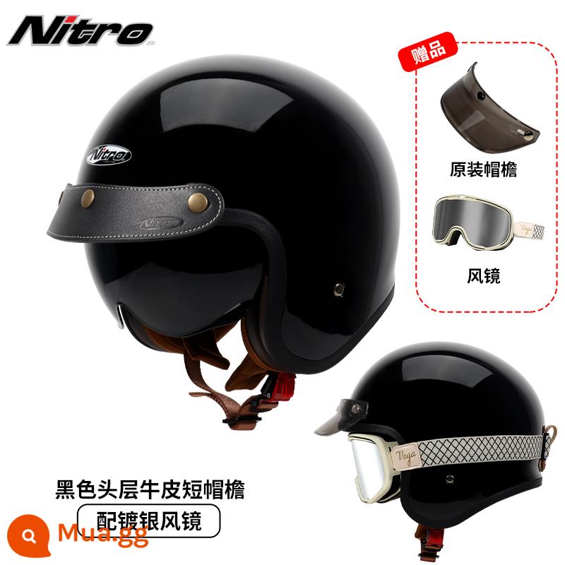 Anh Nitro Retro Harley Đầu Máy Mũ Nam Nữ Mùa Đông Chống Sương Mù Đầu Máy Mũ Bảo Hiểm Nửa Bluetooth Cá Tính Thoáng Mát chạy Bộ - Đen sáng (gửi kính mạ bạc thắt lưng trắng + vành mũ da đen)