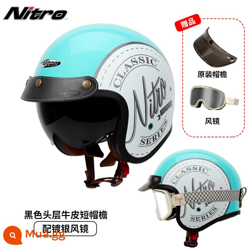 Anh Nitro Retro Harley Đầu Máy Mũ Nam Nữ Mùa Đông Chống Sương Mù Đầu Máy Mũ Bảo Hiểm Nửa Bluetooth Cá Tính Thoáng Mát chạy Bộ - Màu xanh Tiffany cổ điển (đi kèm kính trắng thắt lưng mạ bạc + vành mũ da đen)