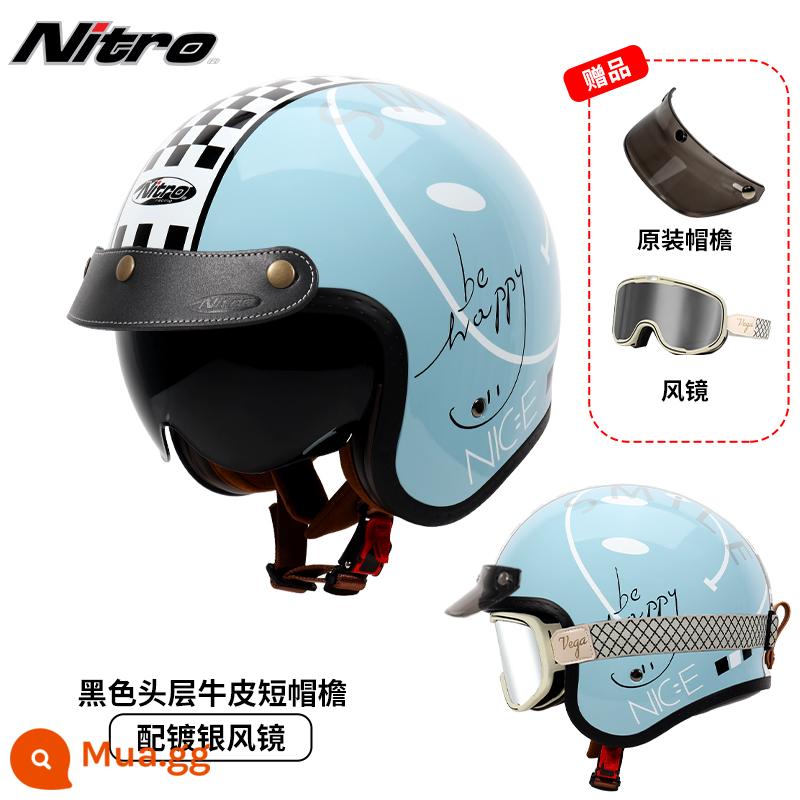 Anh Nitro Retro Harley Đầu Máy Mũ Nam Nữ Mùa Đông Chống Sương Mù Đầu Máy Mũ Bảo Hiểm Nửa Bluetooth Cá Tính Thoáng Mát chạy Bộ - Mặt cười xanh (gửi kính trắng thắt lưng mạ bạc + vành mũ da đen)