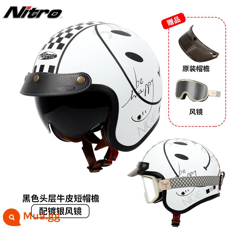 Anh Nitro Retro Harley Đầu Máy Mũ Nam Nữ Mùa Đông Chống Sương Mù Đầu Máy Mũ Bảo Hiểm Nửa Bluetooth Cá Tính Thoáng Mát chạy Bộ - Mặt cười trắng (gửi kính trắng thắt lưng mạ bạc + vành mũ da đen)