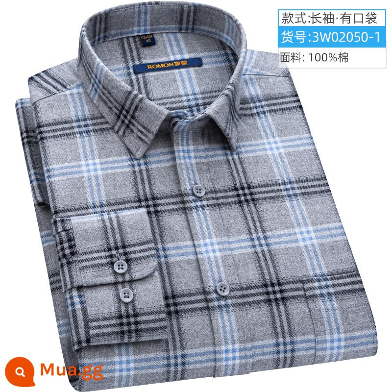 Romon Mùa Xuân Áo Sơ Mi Nam Dài Tay Công Sở Màu Xanh Kẻ Sọc Áo Sơ Mi Nam Trung Niên Cotton Chải Bố Mặc - 3W02050-1