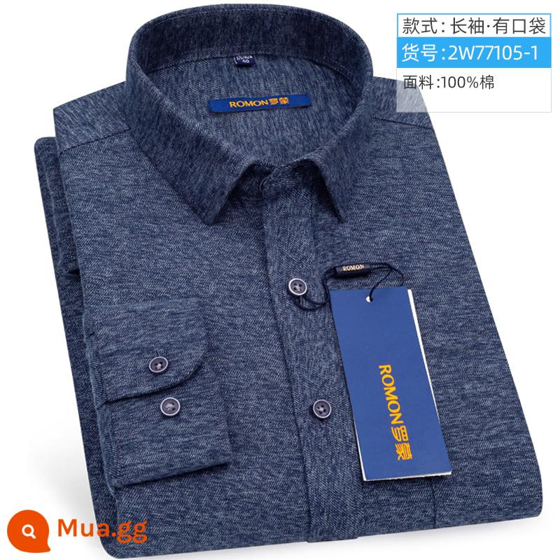 Romon Mùa Xuân Áo Sơ Mi Nam Dài Tay Công Sở Màu Xanh Kẻ Sọc Áo Sơ Mi Nam Trung Niên Cotton Chải Bố Mặc - 2W77105-1