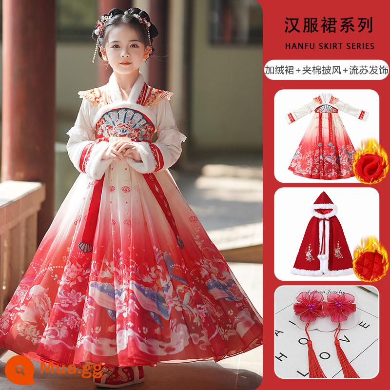 Hanfu Bé Gái Mùa Đông Phong Cách Trung Hoa Cổ Trang Phục Mùa Đông Quần Áo Năm Mới Đường Phù Hợp Với 2023 Nữ Mới Trẻ Em Cổ Phong Cách Váy - 5221 Đỏ + [Áo choàng] Kẹp tóc tua rua + Nhãn dán lông mày