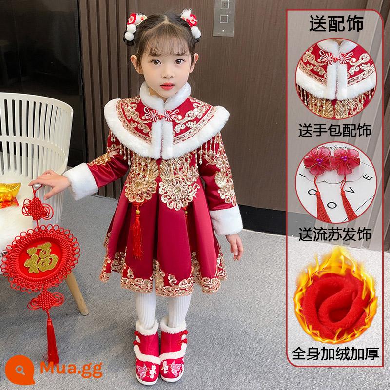 Hanfu Bé Gái Mùa Đông Phong Cách Trung Hoa Cổ Trang Phục Mùa Đông Quần Áo Năm Mới Đường Phù Hợp Với 2023 Nữ Mới Trẻ Em Cổ Phong Cách Váy - 8933 Burgundy + [Vai Mây] + Kẹp Tóc Tua Rua + Sticker Dán Lông Mày