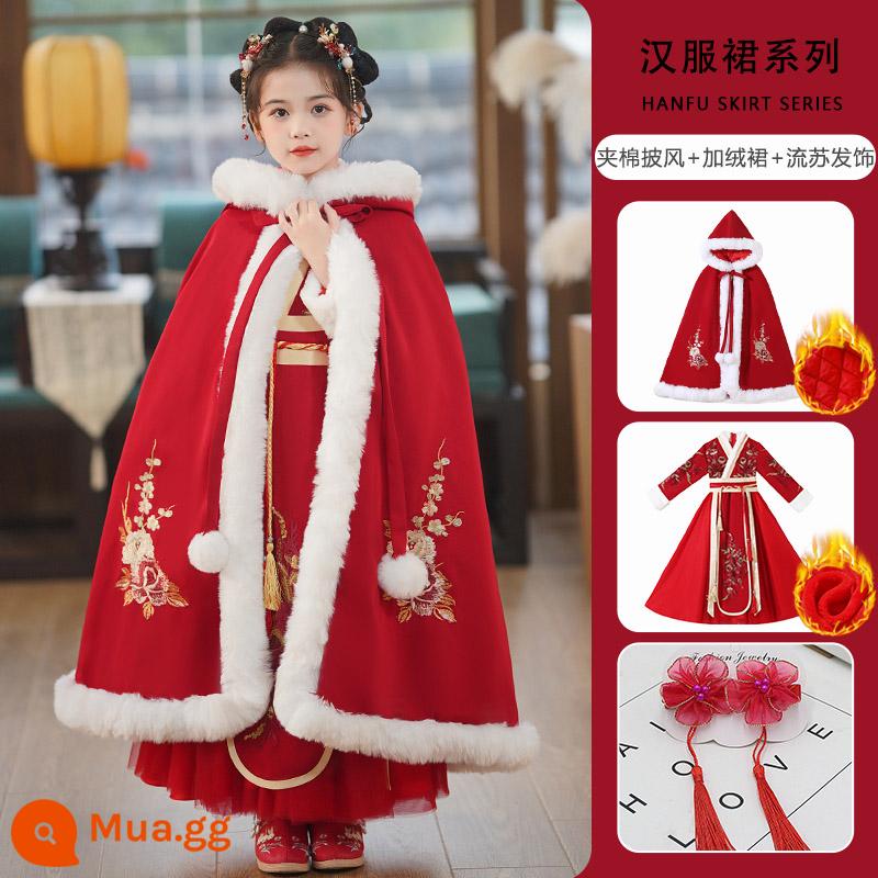 Hanfu Bé Gái Mùa Đông Phong Cách Trung Hoa Cổ Trang Phục Mùa Đông Quần Áo Năm Mới Đường Phù Hợp Với 2023 Nữ Mới Trẻ Em Cổ Phong Cách Váy - 8932 Đỏ + [Áo choàng] Kẹp tóc tua rua + Nhãn dán lông mày