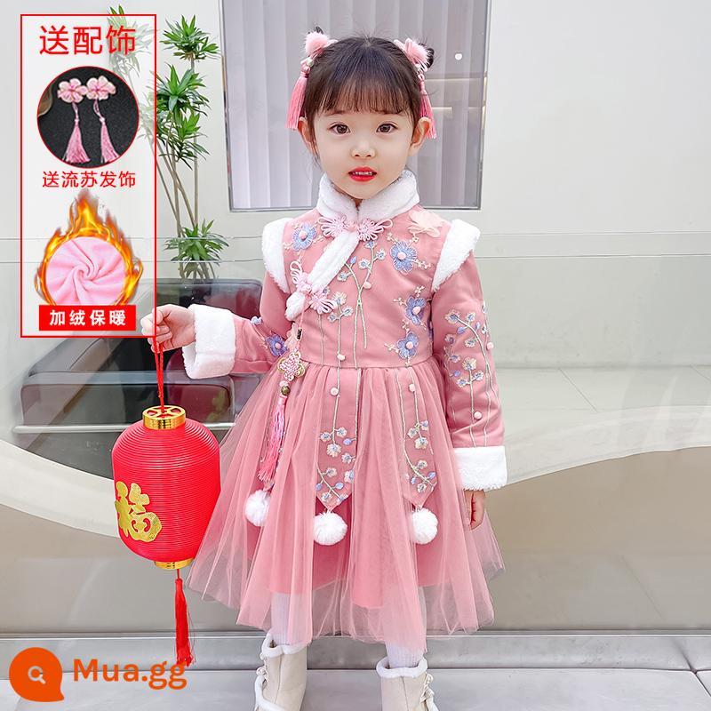 Hanfu Quần áo mùa đông cho bé gái Phong cách Trung Hoa Tang Suit Quần áo chúc mừng năm mới Sườn xám trẻ em bé gái Trang phục cổ trang phục mùa thu và mùa đông - 8594 nhung hồng toàn thân [kẹp tóc tua rua miễn phí]