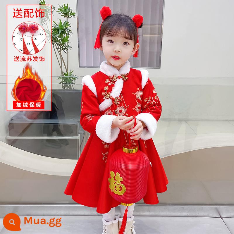 Hanfu Quần áo mùa đông cho bé gái Phong cách Trung Hoa Tang Suit Quần áo chúc mừng năm mới Sườn xám trẻ em bé gái Trang phục cổ trang phục mùa thu và mùa đông - 8593 nhung đỏ toàn thân [miễn phí kẹp tóc tua rua] [có sẵn, giao hàng nhanh]