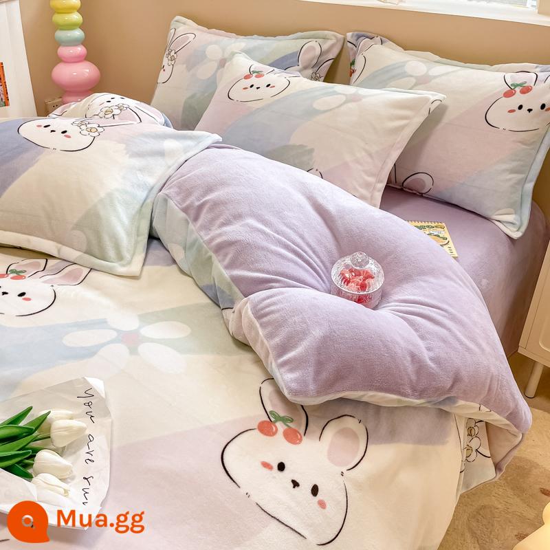 Sữa nhung san hô giường 4 2 mặt nỉ dày Plus nhung trẻ em vỏ chăn 3 bộ giường ngủ mùa đông - Sunny Rabbit-nhung sữa dày