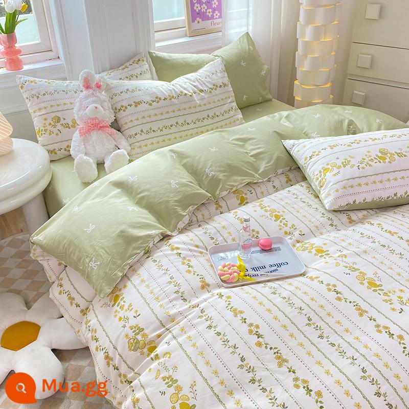 Ins nhỏ giường nhỏ bốn bông cotton cotton cotton 100 tấm trải giường được phủ giường ngủ ba giường ngủ - Cây chanh bông