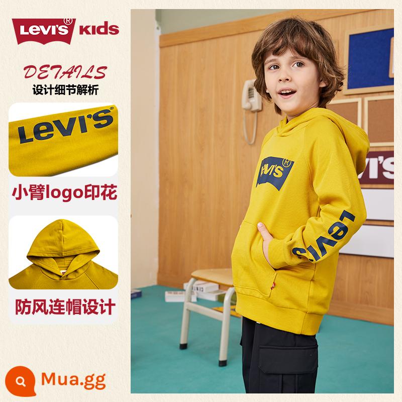 Bộ quần áo trẻ em Levi's mùa xuân và mùa thu 2022 mới cho bé trai và bé gái áo cotton có mũ lớn cho trẻ em cao cấp - Vàng tự nhiên (tay áo thường có logo)