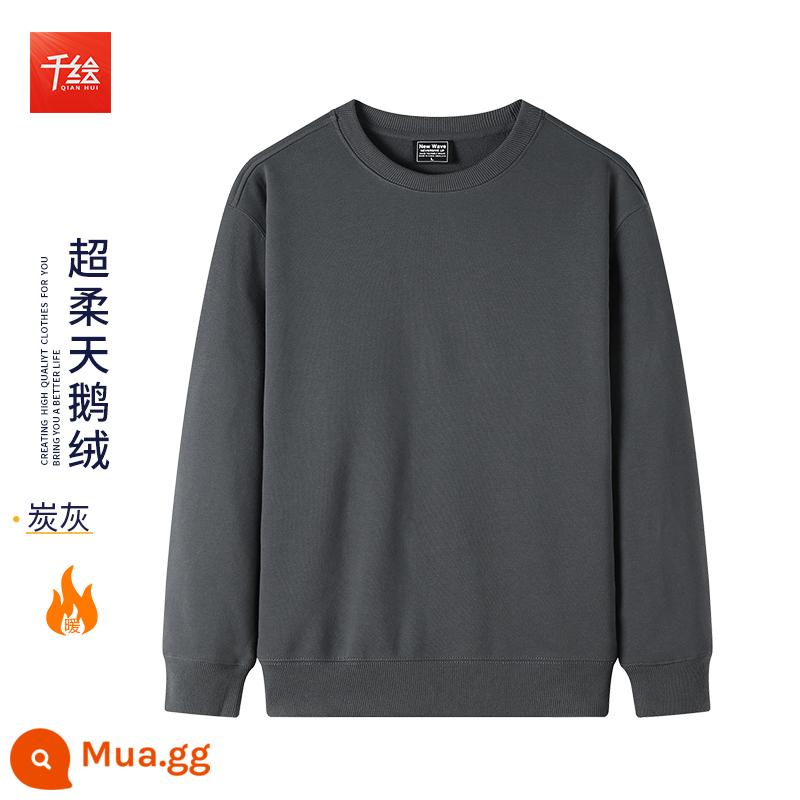 Cổ tròn cotton dày T in logo theo yêu cầu cộng với nhung dài tay nam nữ cùng phong cách đội văn hóa công ty áo sơ mi công sở quần áo mùa thu đông - Cổ tròn màu xám than cộng với nhung