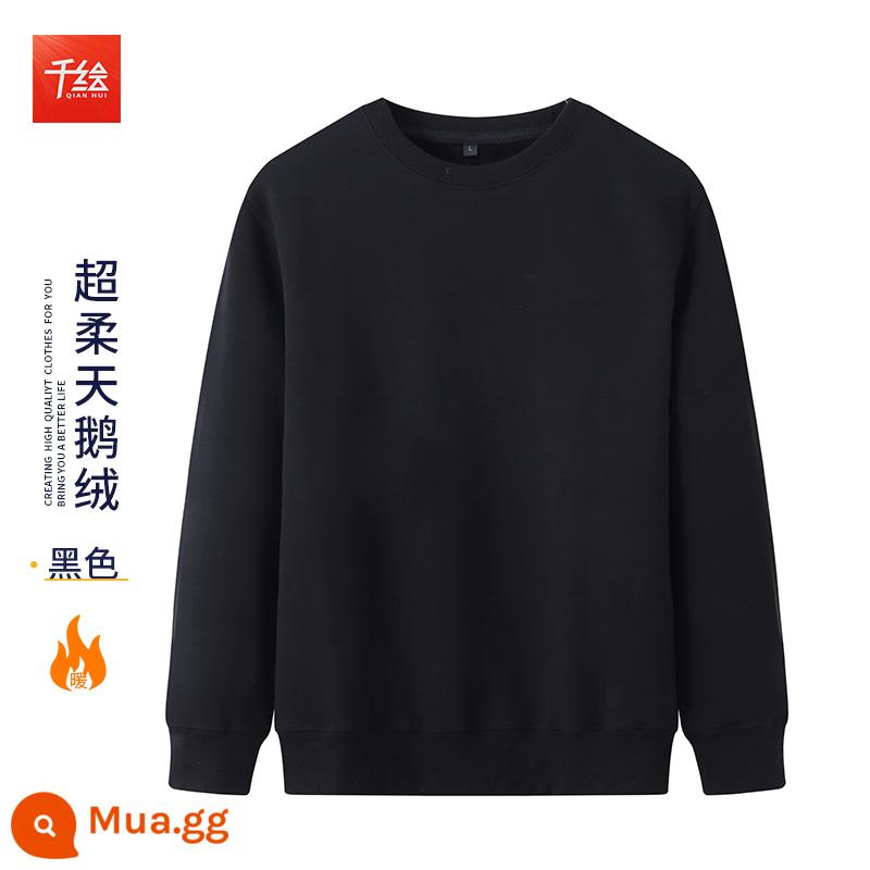 Cổ tròn cotton dày T in logo theo yêu cầu cộng với nhung dài tay nam nữ cùng phong cách đội văn hóa công ty áo sơ mi công sở quần áo mùa thu đông - Cổ tròn màu đen cộng với nhung