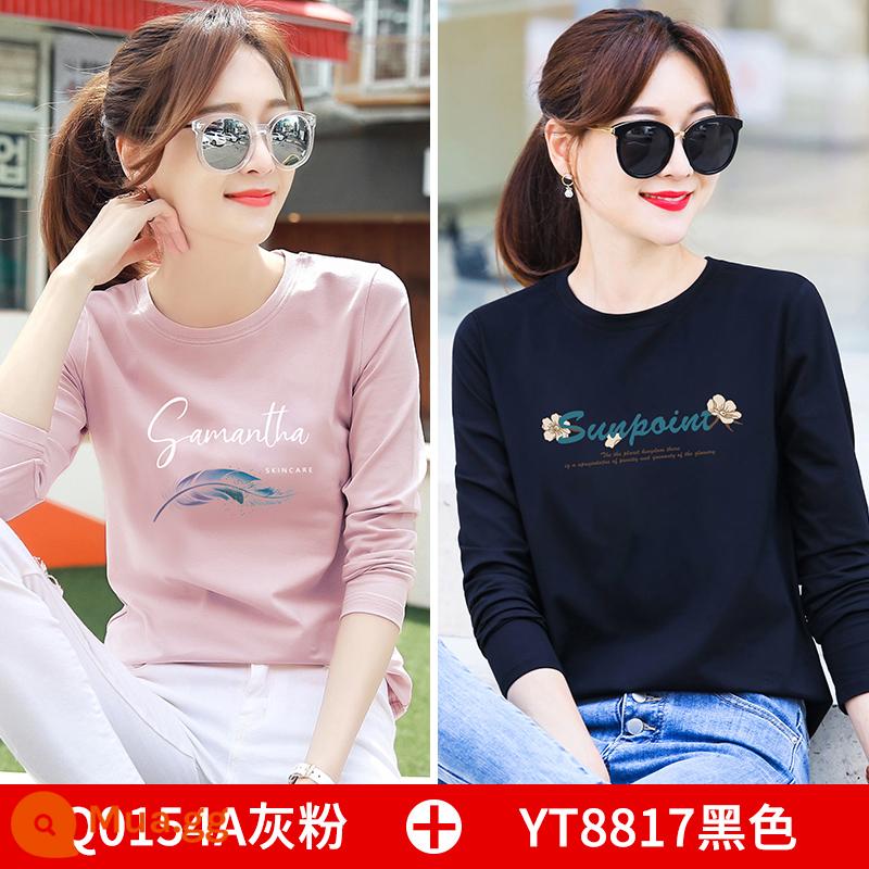 2 cái] áo thun dài tay bằng cotton nguyên chất quần áo mùa xuân của phụ nữ 2023 mới có đáy rộng áo sơ mi nữ quần áo đầu xuân - Bột màu xám Q0154A + màu đen YT8817