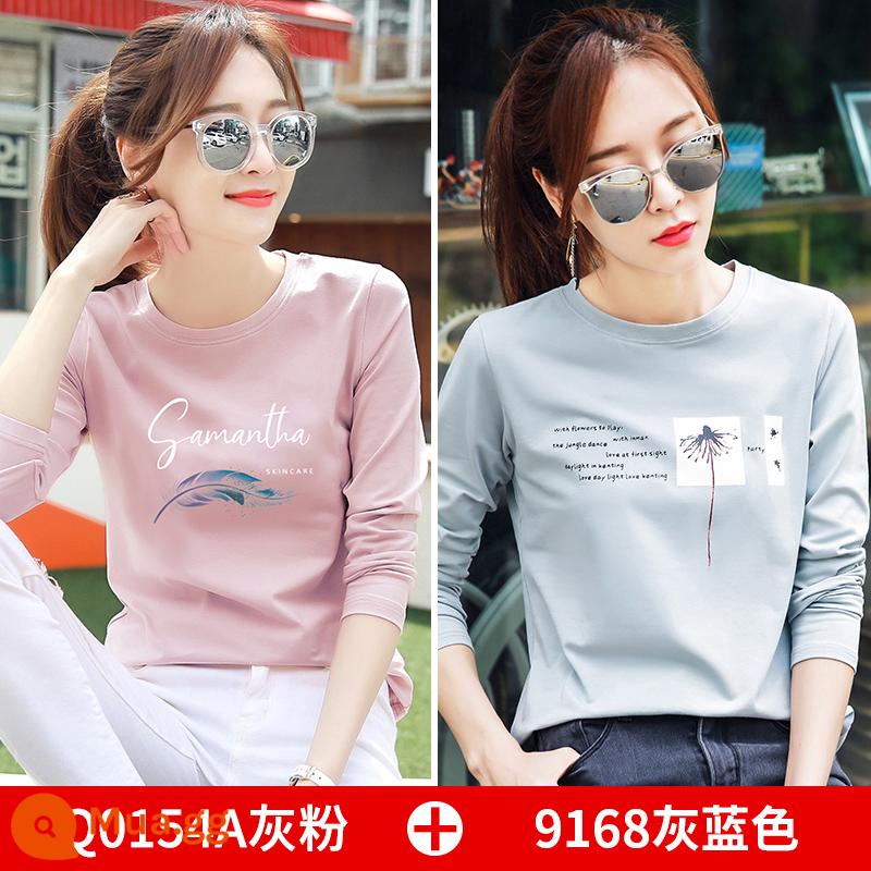 2 cái] áo thun dài tay bằng cotton nguyên chất quần áo mùa xuân của phụ nữ 2023 mới có đáy rộng áo sơ mi nữ quần áo đầu xuân - Q0154A xám hồng +9168 xám xanh