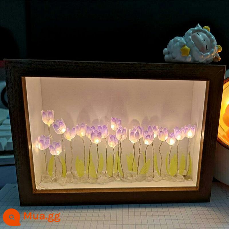 Đèn ngủ hoa tulip khung ảnh handmade tự làm chất liệu hoa vĩnh cửu trang trí cho bạn gái quà tặng sinh nhật bạn gái - Màu tím [10 bông hoa] 6 inch một mặt