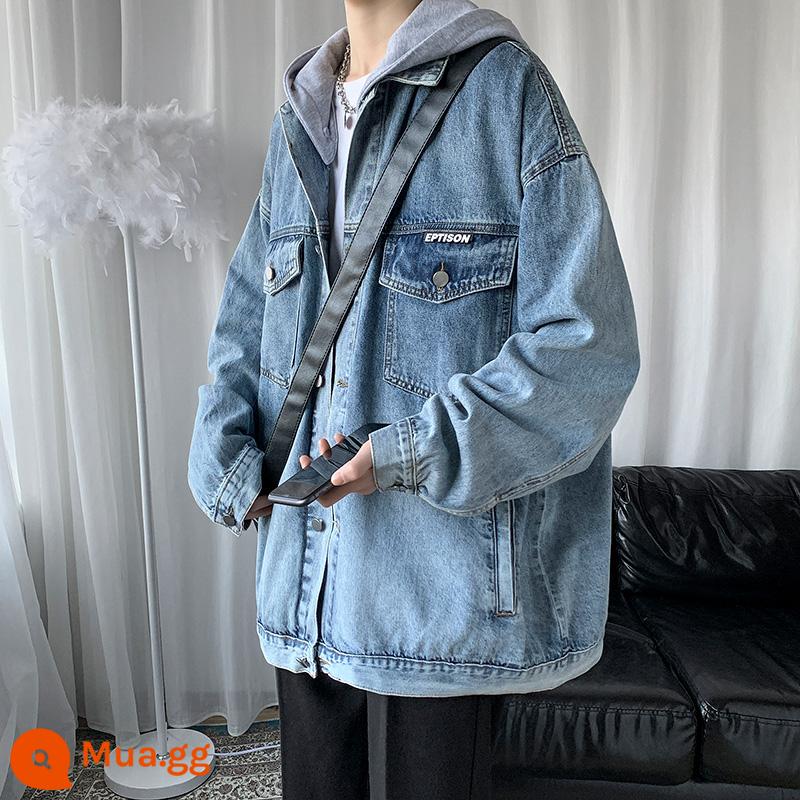 Đường phố hợp thời trang thương hiệu áo khoác denim dày có mũ trùm đầu nam áo khoác rộng mùa xuân cộng với nhung phong cách Hồng Kông áo khoác phù hợp với thủy triều - màu xanh da trời