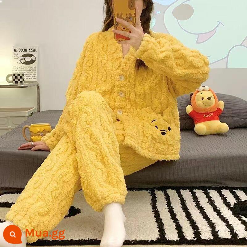 Bộ đồ ngủ lông cừu san hô phụ nữ có thể mặc flannel chất lượng cao mùa đông ấm áp mùa thu và mùa đông phù hợp với dịch vụ tại nhà - Gấu mật ong phong cách nhung màu vàng