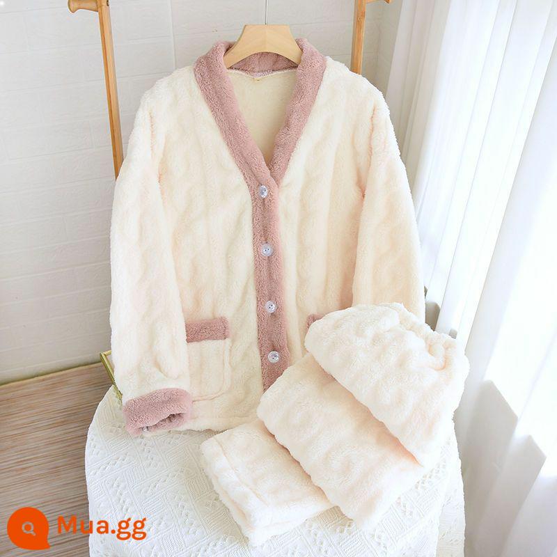 Bộ đồ ngủ lông cừu san hô phụ nữ có thể mặc flannel chất lượng cao mùa đông ấm áp mùa thu và mùa đông phù hợp với dịch vụ tại nhà - Velvet style-5901 màu hoa mai