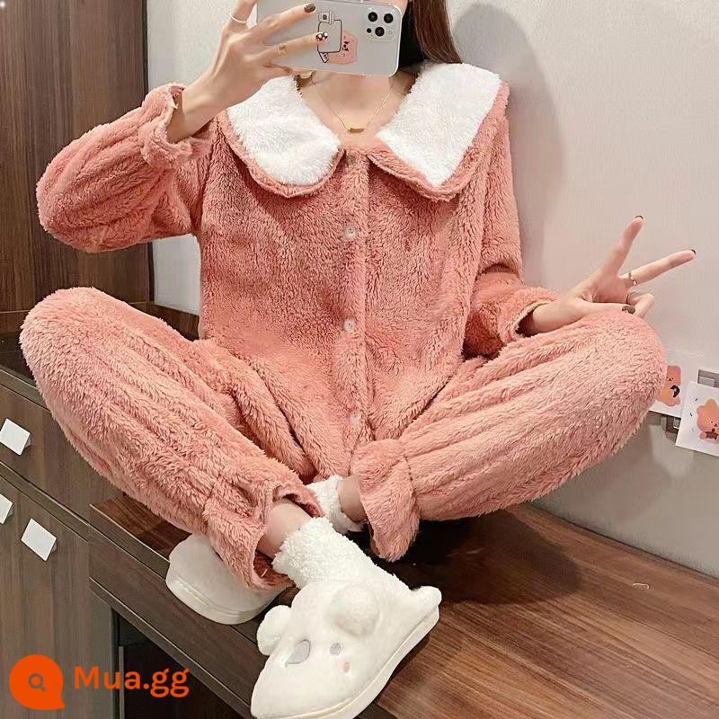 Bộ đồ ngủ lông cừu san hô phụ nữ có thể mặc flannel chất lượng cao mùa đông ấm áp mùa thu và mùa đông phù hợp với dịch vụ tại nhà - Bột dưa hấu Velvet Style-102