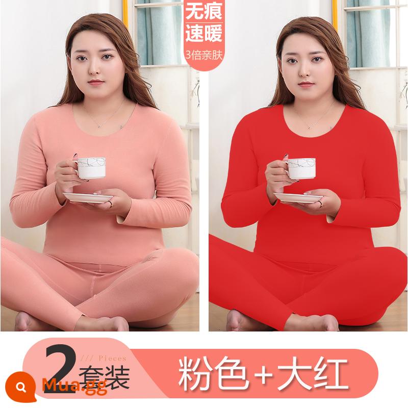 Thêm phân bón và tăng quần áo nóng tóc nóng. Bộ quần áo phụ nữ Fat Mm Qiu Yi Vệ sinh Ladies Đau đớn cộng với áo nhung dưới cùng - [2 bộ] Hồng + Đỏ Trung Quốc