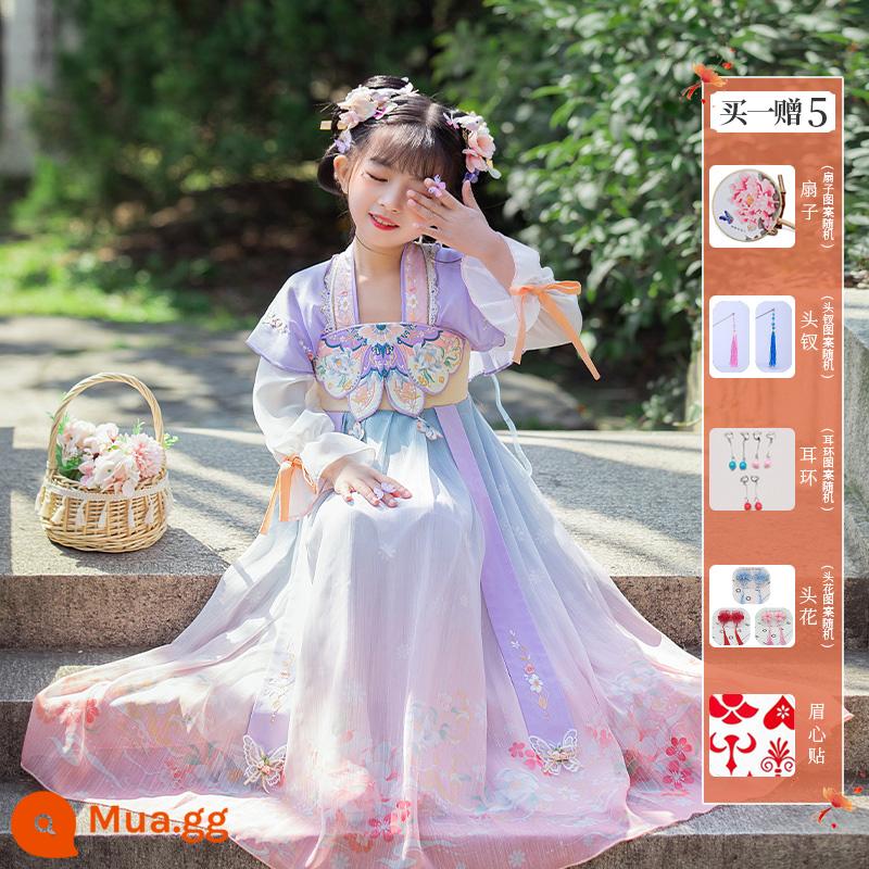 Girls' Hanfu Summer Children's Flower God Trang phục cổ đại Qi bất tử 2023 Đầm kiểu Trung Quốc mới mùa hè Super Fairy Girl - Màu tím anh đào (mua một tặng năm)