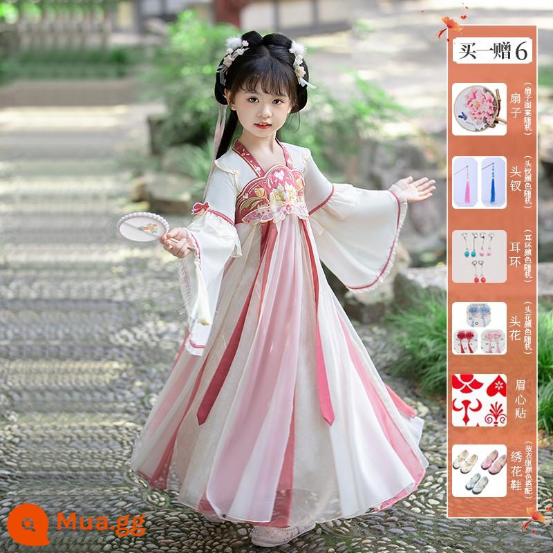 Girls' Hanfu Summer Children's Flower God Trang phục cổ đại Qi bất tử 2023 Đầm kiểu Trung Quốc mới mùa hè Super Fairy Girl - Huaxi Pink (mua một tặng sáu) bao gồm cả giày thêu