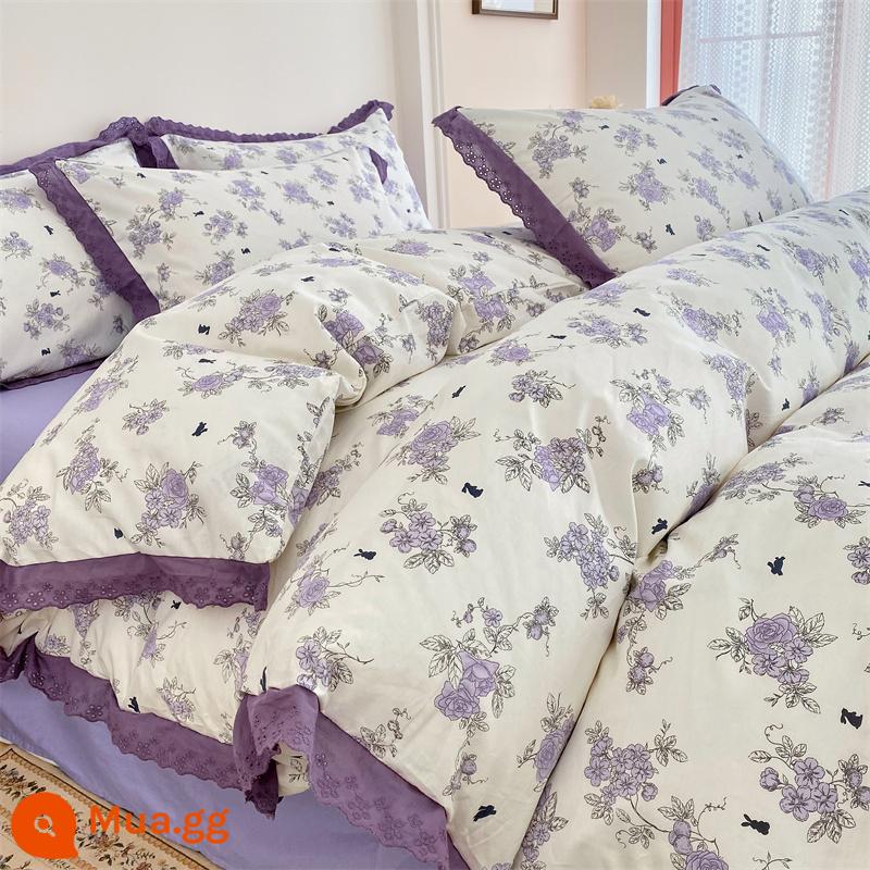 Bộ 4 món giường cotton nguyên chất tươi mát nhỏ 100 cotton ga trải giường phong cách công chúa Ren Hàn Quốc 3 mảnh vừa vặn ga chần bông 4 - HTJ-Huachen kiểu ren [ren kiểu cotton nguyên chất]