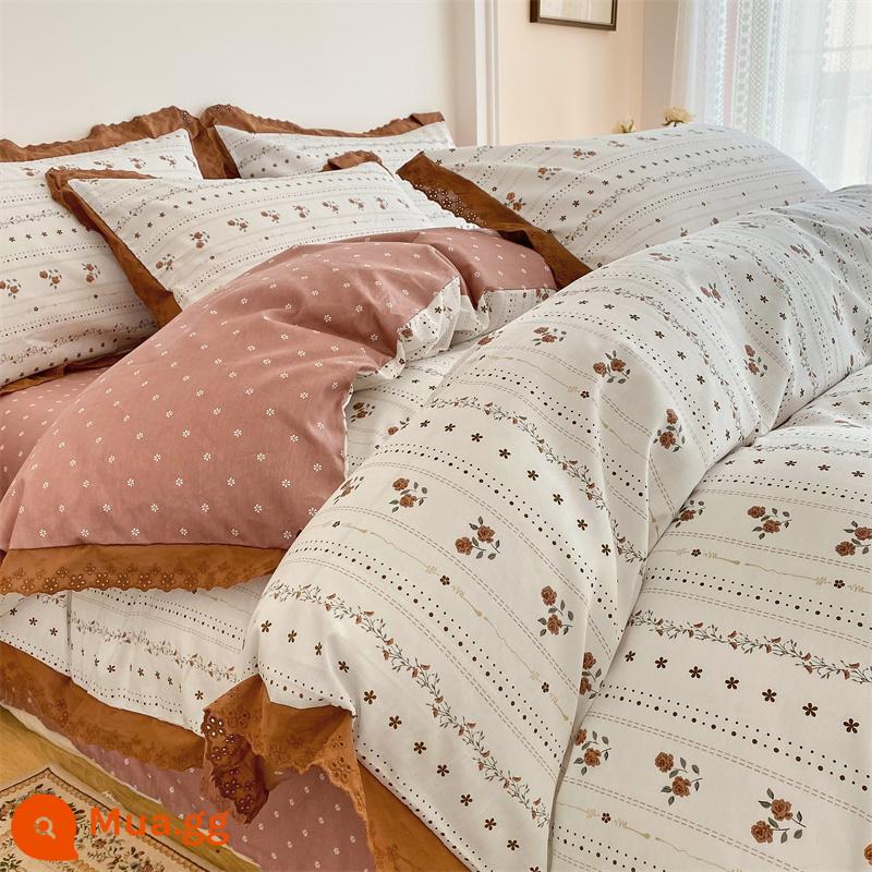 Bộ 4 món giường cotton nguyên chất tươi mát nhỏ 100 cotton ga trải giường phong cách công chúa Ren Hàn Quốc 3 mảnh vừa vặn ga chần bông 4 - HTJ-Xuanhua kiểu ren [ren kiểu cotton nguyên chất]