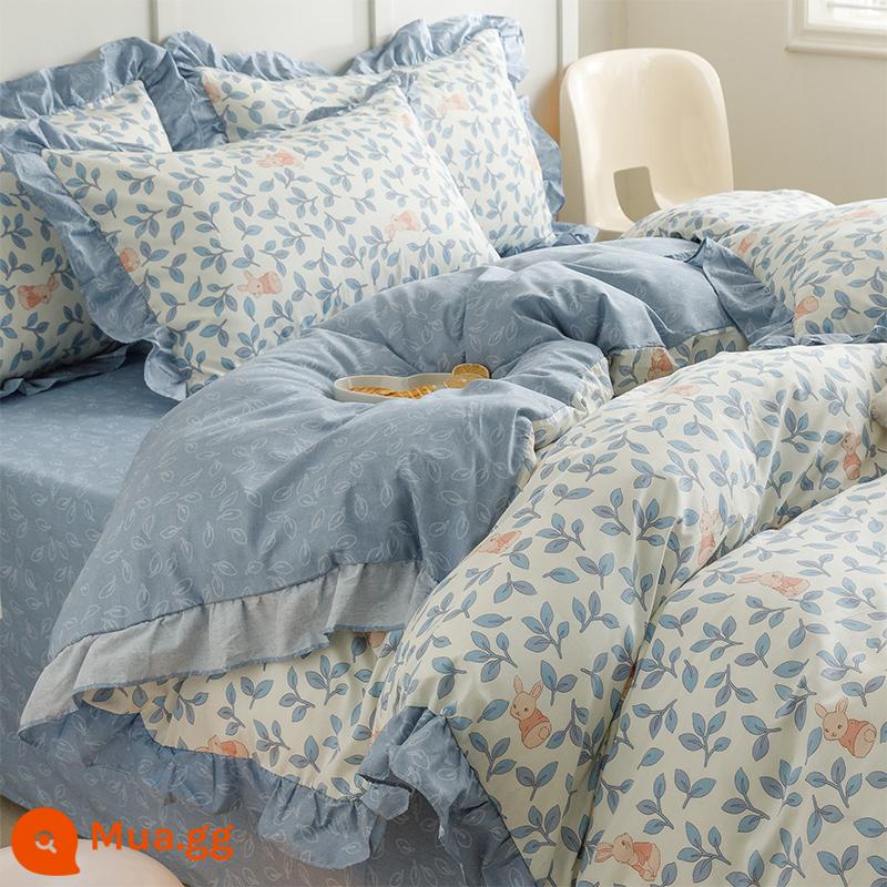 Bộ 4 món giường cotton nguyên chất tươi mát nhỏ 100 cotton ga trải giường phong cách công chúa Ren Hàn Quốc 3 mảnh vừa vặn ga chần bông 4 - HTJ-Ren kiểu Feifei thỏ [Ren kiểu cotton nguyên chất]