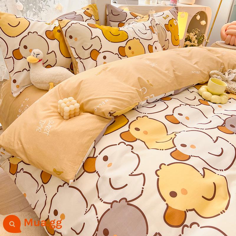 Công Chúa Disney Giường Cotton Nguyên Chất Bộ 4 Bộ 100 Cotton Chăn Ga Gối Trẻ Em Ký Túc Xá 3 Mảnh Ga Giường Nữ Vỏ Chăn 4 - Vịt nhỏ màu vàng của FJ