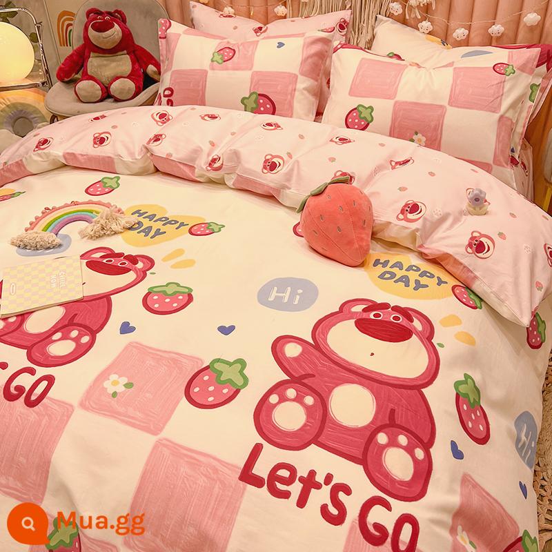 Disney Mickey Giường Cotton Bộ 4 Bộ 100 Cotton Bộ Đồ Giường Trẻ Em Bộ 3 Món Nam Vỏ Chăn Trang Bị tấm Tấm 4 - Gấu bàn cờ L