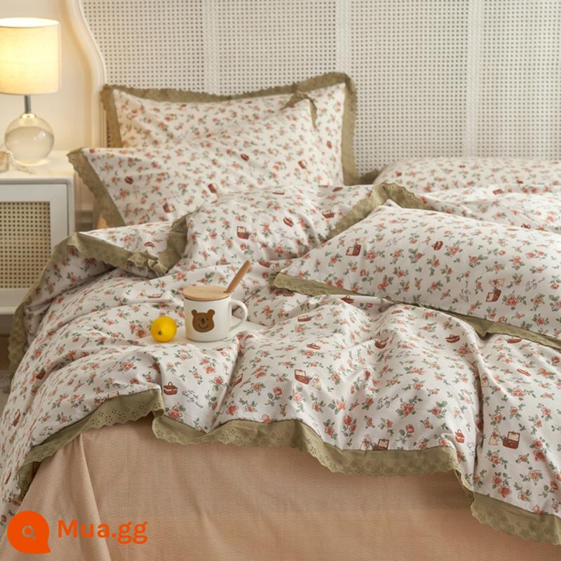 Giường cotton nguyên chất bộ bốn mảnh 100 cotton giường kiểu công chúa sản phẩm lưới ba mảnh màu đỏ bộ ga trải giường chăn hoa mục vụ bao gồm 4 - L Karen Manor - Ruffles