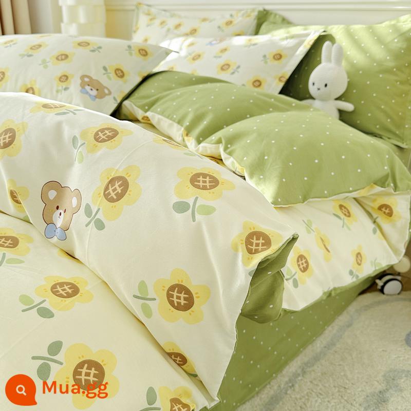 Lưới Đỏ Cotton Giường Bộ 4 Món 100 Cotton Phong Cách Bắc Âu Ins Chăn Ga Gối Chăn Ký Túc Xá 3 Bộ Giường Trang Bị tấm - cánh hoa gấu