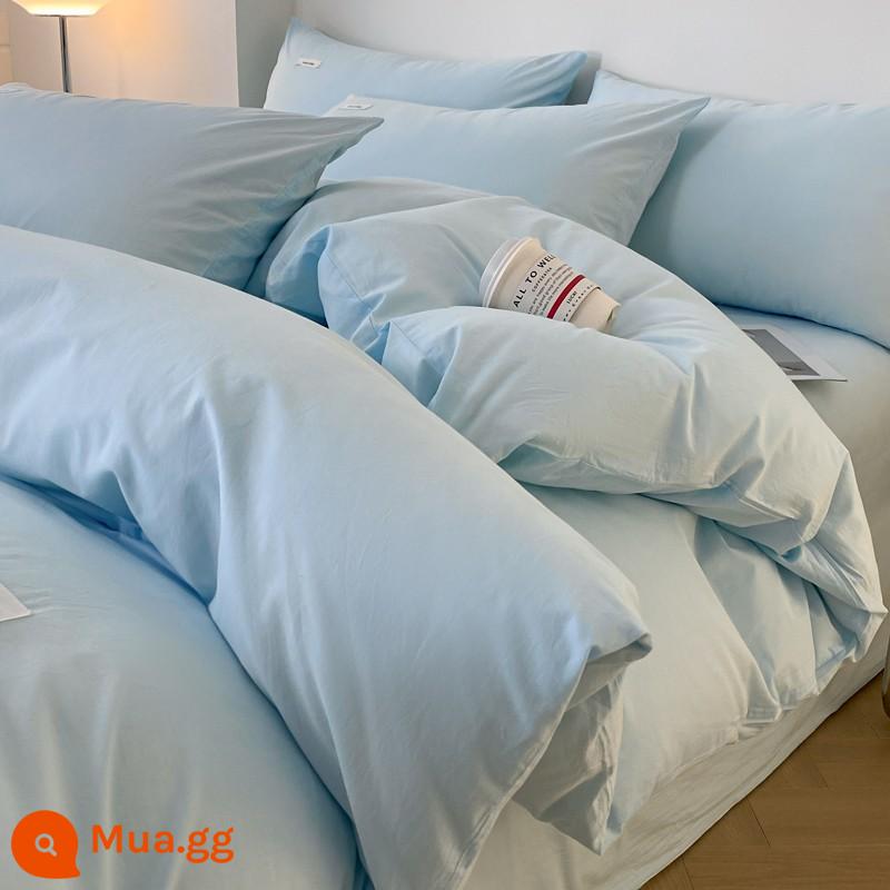 Đơn giản giặt sạch cotton giường cotton nguyên chất bộ 4 món tất cả cotton 100 màu chăn ga gối đệm giường ký túc xá 3 món bộ 4 - L bột màu xanh [loại A cotton đã giặt]