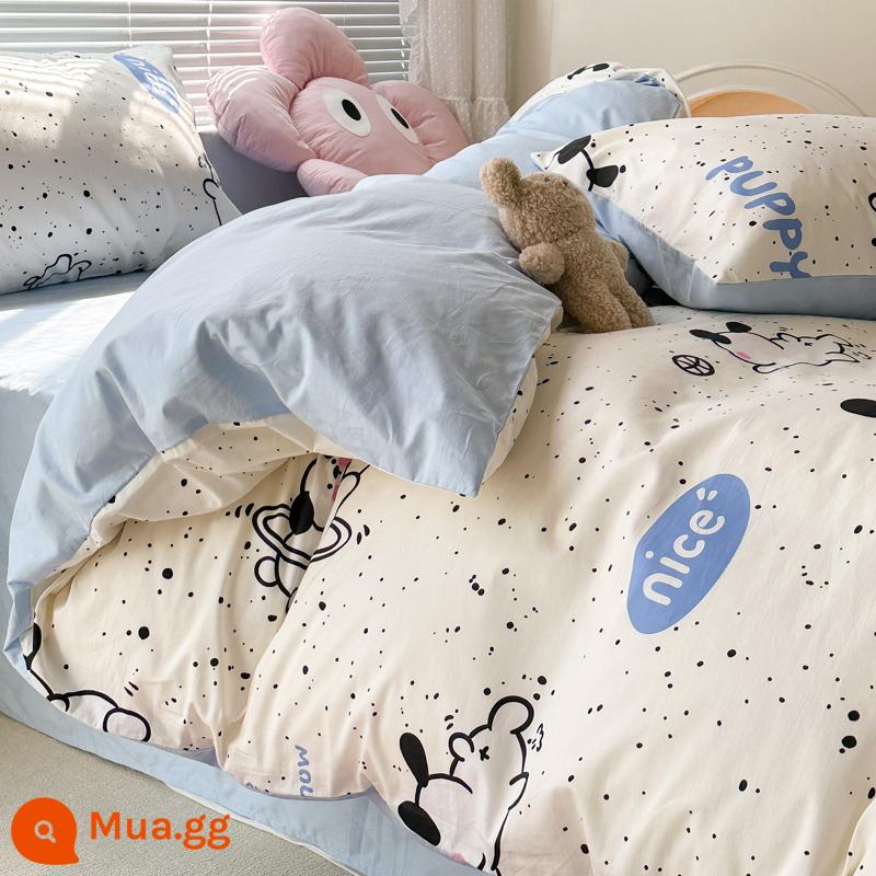 Giường cotton nguyên chất Bộ 4 món 100 cotton ký túc xá Bộ giường 3 mảnh ga trải giường mục vụ hoa vỏ chăn 4 bộ đồ giường phong cách công chúa - Chó trượt ván XK màu xanh