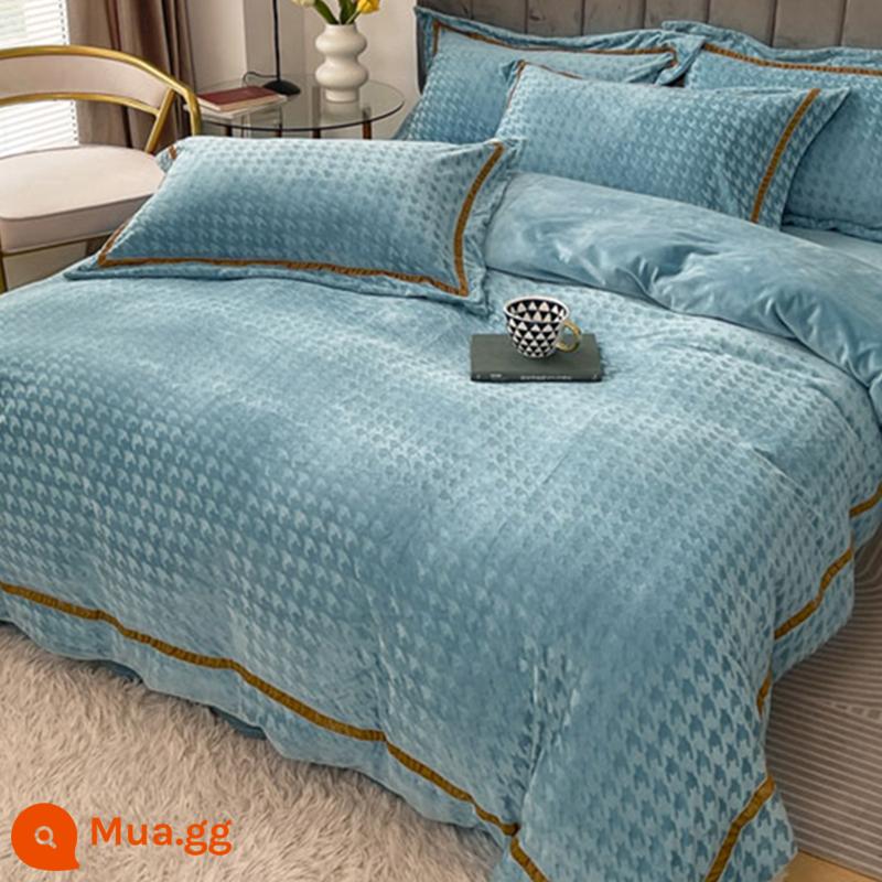 Mùa Đông 2 Mặt Sữa Dày Dép Nỉ Giường 4 Bộ Mùa Đông Nỉ San Hô Tờ houndstooth Plus Nhung Vỏ Chăn - AY houndstooth bầu trời đầy sao màu xanh [kiểu nhung dày dặn]