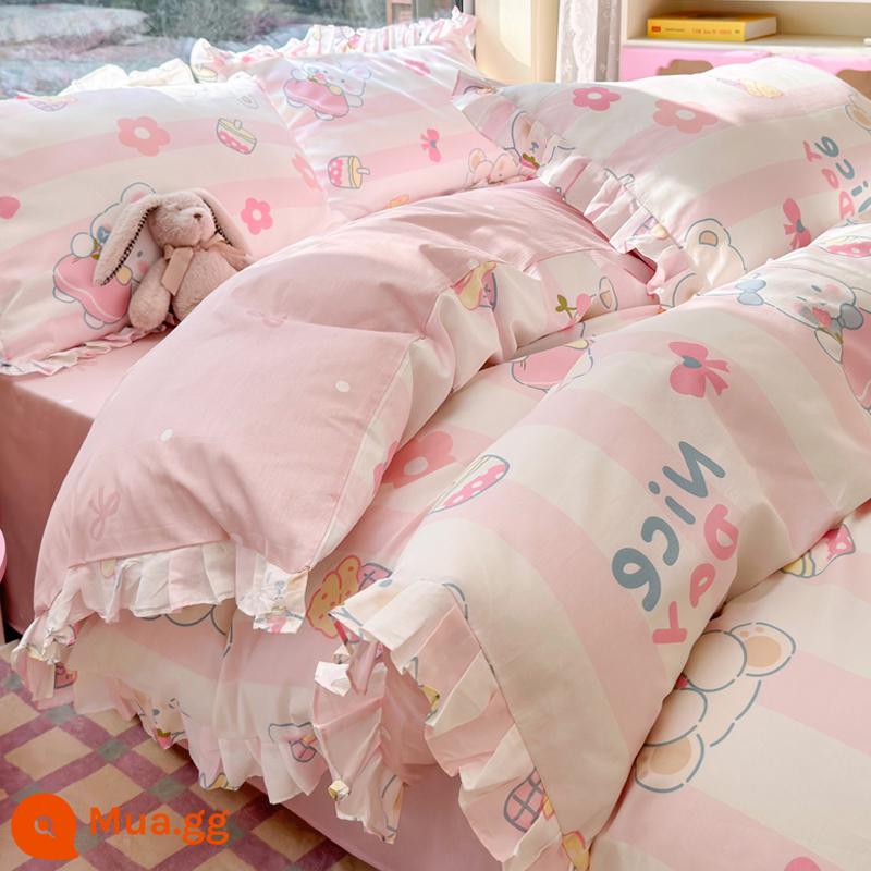 Phong cách công chúa giường cotton nguyên chất bộ bốn mảnh 100 cotton ins bộ đồ giường màu đỏ lưới bộ đồ giường ba mảnh của phụ nữ hoa vỏ chăn được trang bị tấm - L Yuanqi Thỏ Nhỏ-Ruffles