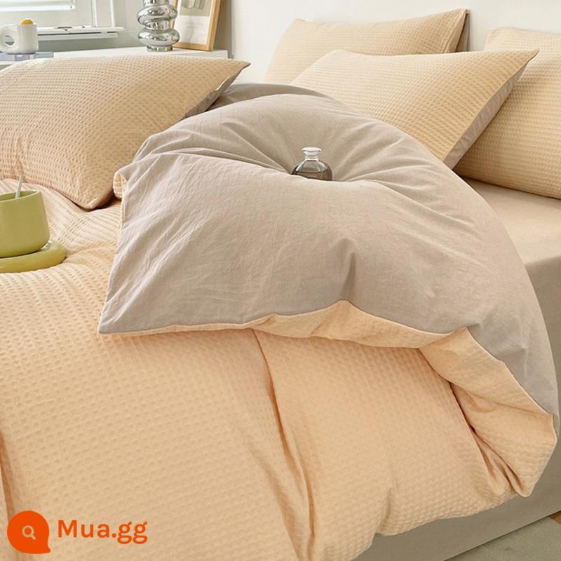 Ánh sáng sang trọng cao cấp chất lượng cao waffle giường cotton 4 món 100 cotton chăn ga gối ký túc xá 3 mảnh Bộ chăn ga 4 - CW Waffle-kem màu vàng