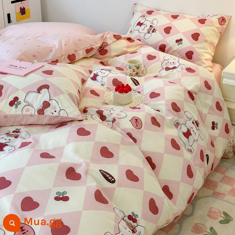 Giường cotton nguyên chất Bộ 4 món 100 cotton ký túc xá Bộ giường 3 mảnh ga trải giường mục vụ hoa vỏ chăn 4 bộ đồ giường phong cách công chúa - Thỏ anh đào kim cương XK