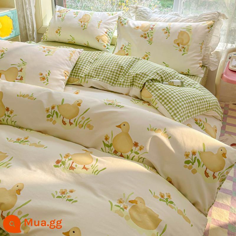 Bộ 4 món giường cotton nguyên chất theo phong cách Ins 100 cotton chăn ga gối trẻ em hoạt hình ký túc xá bộ 3 món chăn ga gối trang bị ga - Vịt xanh MX