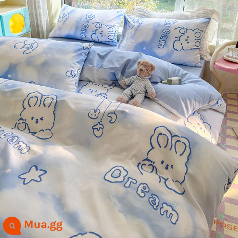 Bộ 4 món giường cotton nguyên chất theo phong cách Ins 100 cotton chăn ga gối trẻ em hoạt hình ký túc xá bộ 3 món chăn ga gối trang bị ga - Thỏ sao MX