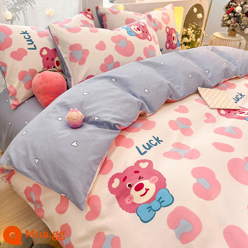 Công Chúa Disney Giường Cotton Nguyên Chất Bộ 4 Bộ 100 Cotton Chăn Ga Gối Trẻ Em Ký Túc Xá 3 Mảnh Ga Giường Nữ Vỏ Chăn 4 - MC gấu hồng họa tiết da báo