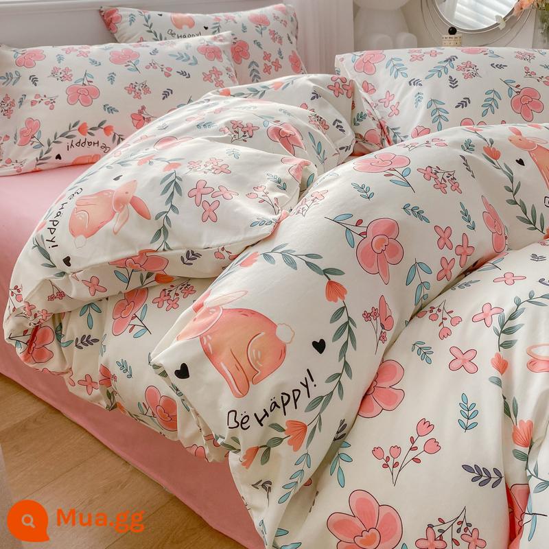 Giường cotton nguyên chất Bộ 4 món 100 cotton ký túc xá Bộ giường 3 mảnh ga trải giường mục vụ hoa vỏ chăn 4 bộ đồ giường phong cách công chúa - Thỏ vườn MU