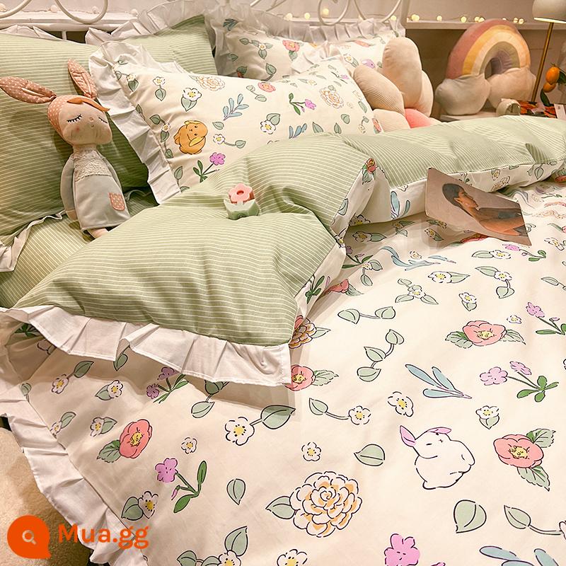 Phong cách công chúa giường cotton nguyên chất bộ bốn mảnh 100 cotton ins bộ đồ giường màu đỏ lưới bộ đồ giường ba mảnh của phụ nữ hoa vỏ chăn được trang bị tấm - Ruffle thỏ đầy màu sắc